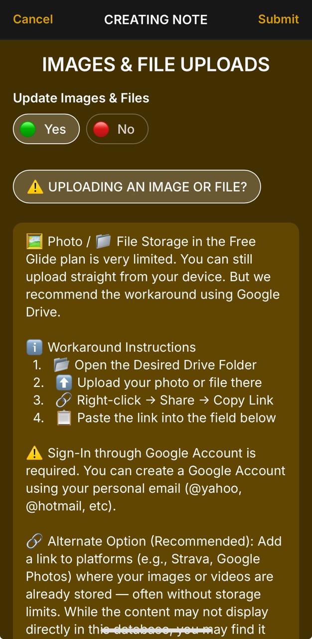 Create Note Page (Drive Files Storage Notice)
